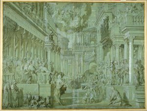 Allegori för att fira publiceringen av Holy League 1571 (penna & brun tvätt med förhöjning) av Veronese
