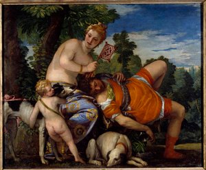 Afrodite och Adonis. Adonis, figur av grekisk mytologi, älskar Afrodite. Målning av Paolo Veronese (1528-1588)