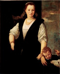Porträtt av en kvinna med ett barn och en hund (Francesco Bevilacquas barn?) Målning av Paolo Veronese Caliari (1528-1588) 1500-talet sön. 115x95 cm Paris, Louvren av Veronese