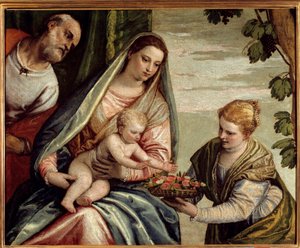 Den heliga familjen med en donator (Saint Dorothee) Målning av Paolo Veronese (1528-1588) 1500-talet sön. 0,76x0,94 m Bordeaux, Musee des Beaux Arts - Den heliga familjen med en donator (Saint-Dorothea). Målning av Veronese (Paolo Caliari) (1528-1588) av Veronese