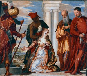 Saint Justine Sainte Justine av Paduas martyrskap är genomborrad med ett svärdslag. Målning av Paolo Caliari dit Veronese (1528-1588) av Veronese