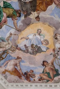 Universal Harmony omgiven av gudar: Zeus med en örn, Mars, Apollo med lyran, Venus, Merkurius med caduceus, Diana med hundar och Saturnus, den centrala oktagonen i Olympus Hall av Veronese