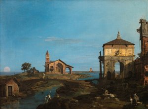 En ö i lagunen med en port och en kyrka