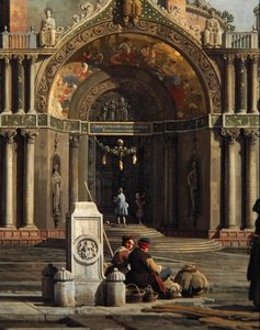 Detalj av Capriccio av en kyrka (olja på duk) av Canaletto