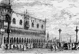 Dogepalatset och Piera del Bando, Venedig, gravyr av Giovanni Antonio Canal, känd som Canaletto (1697-1768), Italien av Canaletto
