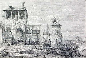 Landskap med ett ryttarmonument (gravyr) av Canaletto