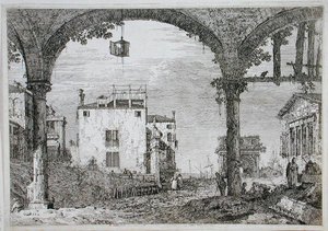 Se genom en arkad mot kustbyggnader (etsning) av Canaletto