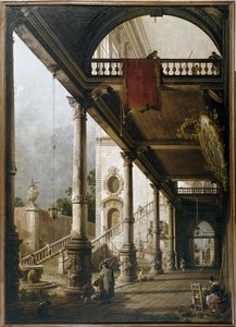 Capriccio med pelargång och innergård (olja på duk av Canaletto