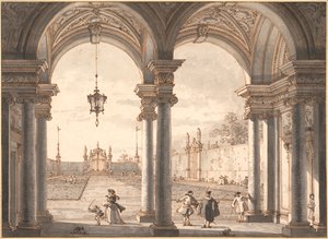 ""Utsikt över en barockkolonnad med utsikt över en trädgård"" (View through a Baroque Colonnade into a Garden) Pennteckning av Antonio Canal dit Canaletto (1697-1768) 1760-1768 Dim 33,1x45,4 cm Albertina , Wien av Canaletto