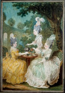 Damerna från Montesson, Crest och Damaskus tar akvarellen av Louis carrogis dit Carmontelle (1717-1806) 1773. Paris, Musee Carnavalet av Carmontelle
