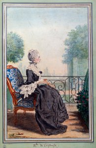 Hellängdsporträtt av Julie de Lespinasse (1732-1776) kvinna med bokstäver Akvarell av Louis Carrogis (1717-1806) känd som Carmontelle. Chantilly från 1700-talet, conde museum