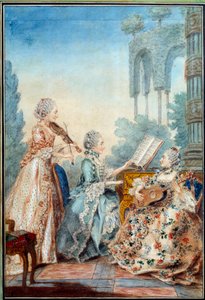 De tre döttrarna till kompositören Joseph Nicolas Pancrace Royer (1705-1755) framför partituret till baletten Zaide Aquarelle av Louis Carrogis Carmontelle (1717-1806) 1760 Paris, Musee Carnavalet av Carmontelle