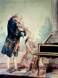 Wolfgang Amadeus Mozart (1756-1791) barn spelar piano med sin far Leopold”” Akvarell av Louis Carrogis Carmontelle (1717-1806) 1777 Paris, Musee Carnavalet