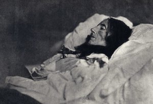 Porträtt av poeten Marcelline Desbordes Valmore (Desbordes-Valmore) (1786-1859) på sin dödsbädd. Fotografi av Felix Tournachon dit Nadar (1820-1910) 1859. Tryck av Victor Tournachon, fader till Nadar, sent 1800-tal. av Nadar