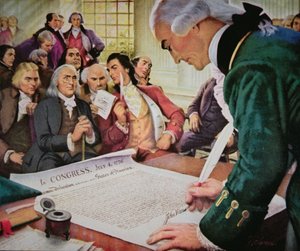 John Hancock (1737-93) undertecknar den amerikanska självständighetsförklaringen, 4 juli 1776 (färg litho)