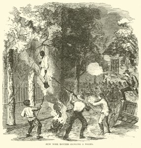New York-upprorsmakare som hänger en svart person, juli 1863 (gravyr)