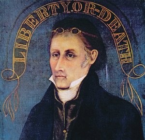 Patrick Henry, avbildad med legenden "Liberty or Death" (färg litho)