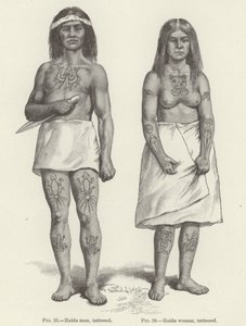 Tatuerad Haida kvinna och man (gravyr)