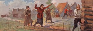 En sovjetisk agronomi-instruktør, der annoncerer sin ankomst til en landsby ved at affyre sin revolver i luften (farve litho) swed av (after) Carrey