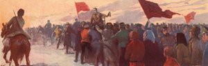 Skara anhängare av den ryske revolutionära ledaren Alexander Kerenskij (färg litho)