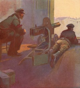 Röda vakterna med en maskingevär pekar ut genom fönstret i en byggnad, ryska revolutionen