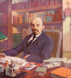Den russiske bolsjevikiske leder Lenin på sit kontor i Kreml, Moskva, USSR (farve litho) svenske