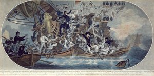 Bordningen och erövringen av Hans Majestäts sena skepp, Hermione (nu Retribution) 25 oktober 1799, graverad av Roffe (färgerad etsning) av (after) Elms