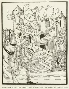 Geoffrey med den stora tanden som bränner klostret i Maillieres (gravyr) av (after) English School