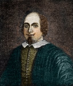 Porträtt av den engelske dramatikern William Shakespeare (1564-1616) Gravyr efter en anonym 1700-talsmålning av (after) English School