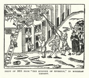 Tryck från 1613 ur "The Burning of Tiverton" i Bodleian Library (litografi)