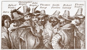 The Gunpowder Plot Conspirators, efter en gravering (gravering) fra 1606 av (after) English School