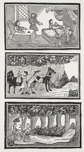 Historien om de två barnen i skogen, illustration från "Chap-books of the artonde århundrade" av John Ashton, pub. 1882 (lito) av (after) English School