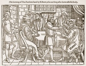 Förbränningen av Tho. Tomkins hand av B. Boner, som inte långt efter brände även hans kropp, illustration från 