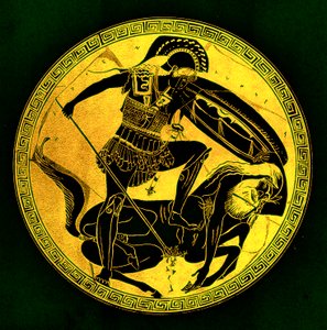 Krigare och kentaur, illustration från "Greek Vase Paintings" av J. E. Harrison och D. S. MacColl, publicerad 1894 (digitalt förbättrad bild) av (after) English School