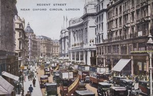 Regent Street, nära Oxford Circus, London (färgat foto) av (after) English photographer