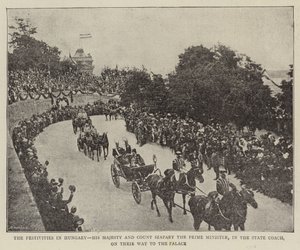 Festligheterna i Ungern, hans majestät och greve Szapary premiärministern, i statstränaren, på väg till palatset (s/v foto) av (after) English photographer