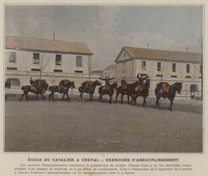 Ryttarens skola till häst, stretchövningar (färgad bild) av (after) French Photographer