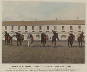 Skolan för ryttaren till häst, hoppning på jorden och till häst (färgad bild) av (after) French Photographer