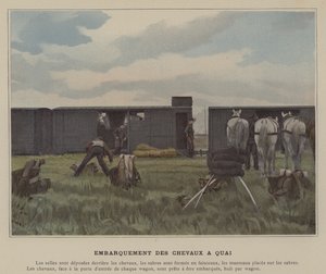Ombordstigning av hästar vid kajen (färgad bild) av (after) French Photographer