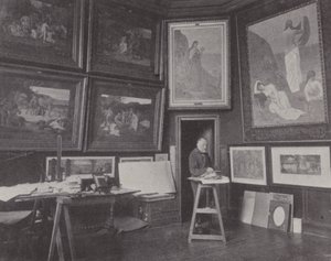 Franske målaren Pierre Puvis de Chavannes i sin ateljé (s/v foto) av (after) French Photographer