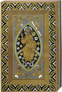 Kristus i Mandorla med symbolerna för de 4 evangelisterna (Tetramorph). Litografi som återger ett e-mailat band från 1200-talet.