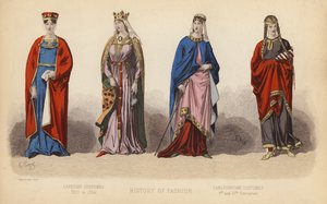 Mode i Frankrike: Capetianska dräkter 1100 till 1364; Carlovingiska dräkter 9:e och 10:e århundradena (kolorerad gravyr) av (after) French School
