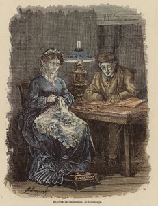 Hälsosam belysningsnivå i hemmet (färgad gravyr) av (after) French School