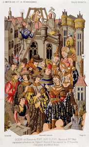 Scen av historien om Fort Roy de Clovis. 1400-talets mysterium som representerar grunden för kyrkan St. Peter och St. Paul, idag Saint Genevieve. (från) Målad duk av staden Reims.