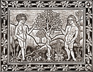 Trädet från vilket Adam åt äpplet, faksimil från en meditationsbok, den första boken som trycktes i Albi, Languedoc, 1481 av (after) French School