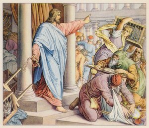 Jesus rensar templet (färglitografi)