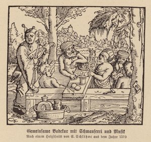 Blandat spa-bad med festmåltid och musik (träsnitt) av (after) German School