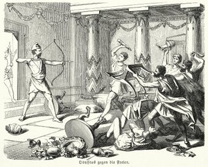 Odysseus dräper Penelopes friare (gravyr) av (after) German School