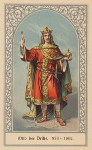 Otto III, kung av Tyskland och Italien och tysk-romersk kejsare (färglitografi) av (after) German School