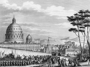 Franska revolutionen: Fransmännens triumferande intåg i Rom i Italien i februari 1798 ledd av general Louis Alexandre (Louis-Alexandre) Berthier som invaderade de påvliga staterna och intog staden Rom den 11 februari